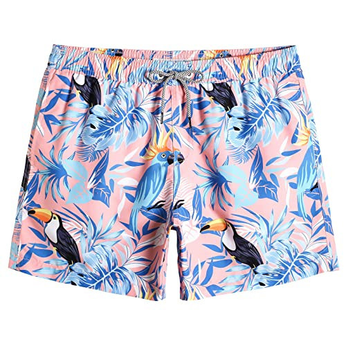 maamgic Mens Swim Trunks 5 Inch with Mesh Lining, Quick Dry Mens Bathing Suit, Swim Shorts for Swimming and Beach, Birds Pink X-Small | Amazon (US)