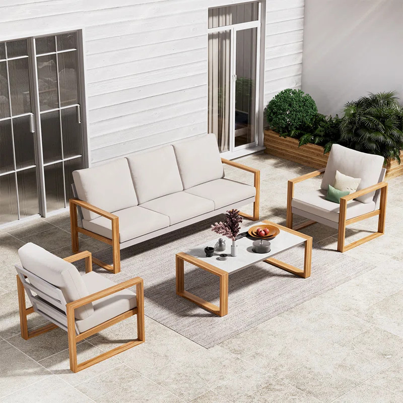 Arunas 5 Person Outdoor Conversation Furniture Set Seating Group With Wood Pattern And Cushions | Wayfair North America