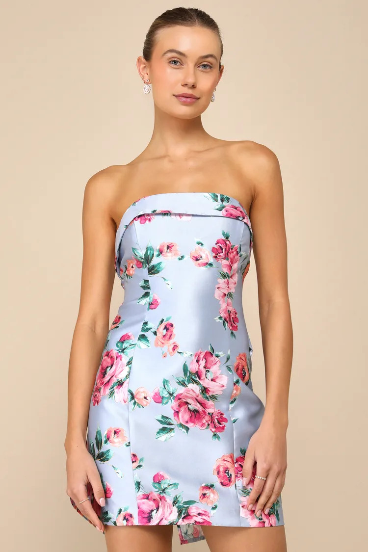 Luxe Wonder Light Blue Floral Taffeta Strapless Bow Mini Dress | Lulus