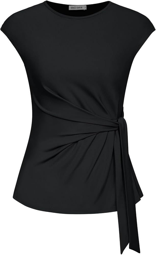 GRACE KARIN Womens Cap Sleeve Tops Summer Tie Waist Crew Neck Elegant Blouse Dressy Casual Solid ... | Amazon (US)