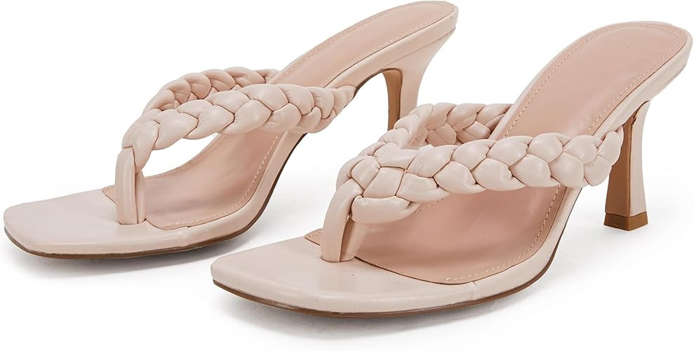 Tymidy Womens Flip Flops Sandals Kitten Heel Square Toe Slip On Thong Dress Sandals Stiletto Part... | Amazon (US)