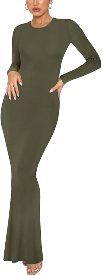 REORIA Women's Sexy Crew Neck Lounge Long Dress Elegant Long Sleeve Ribbed Bodycon Maxi Dresses | Amazon (US)