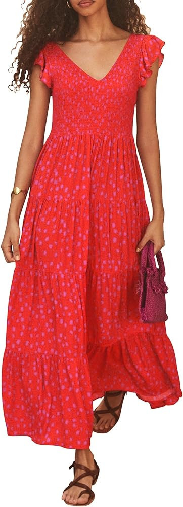 PRETTYGARDEN Women's Summer Flowy Maxi Dress Casual Cap Sleeve V Neck Smocked Beach Sundress | Amazon (US)