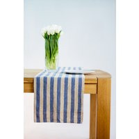 Rustic Linen Table Runner Blue Beige Stripes, Custom Length | Etsy (US)