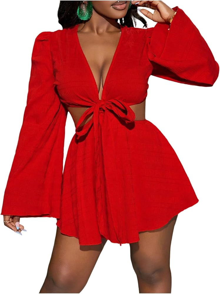 Women's Sexy Summer Tropical Mini Dress Y2K Deep V Cut Out Dresses Long Bell Sleeve Vacation Tie ... | Amazon (US)