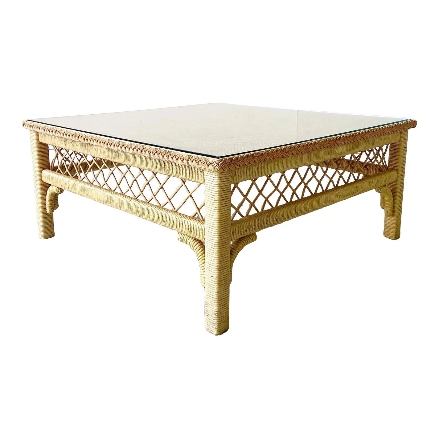 Boho Chic Wicker and Rattan Coffee Table With Glass Top by Henry Link | Chairish