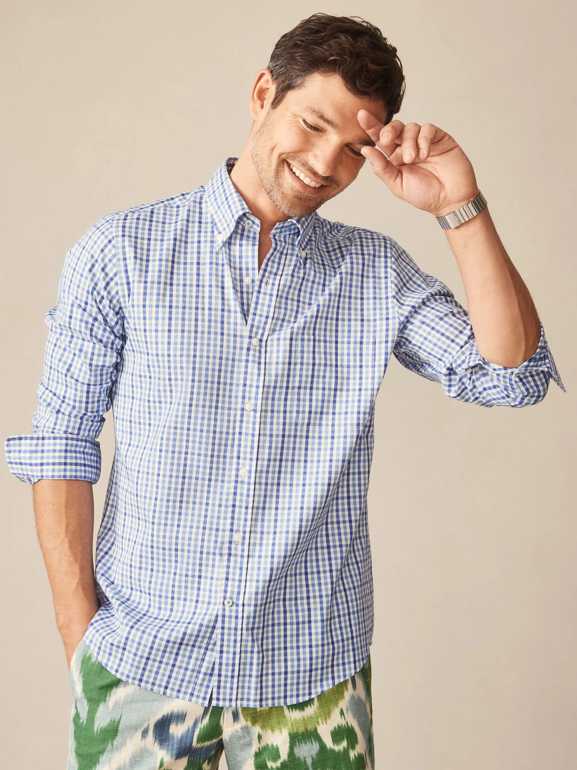 Med_Blue/White/Blue Gingham Multi Belvedere Cotton Shirt | Men's Shirts | J.McLaughlin | J.McLaughlin