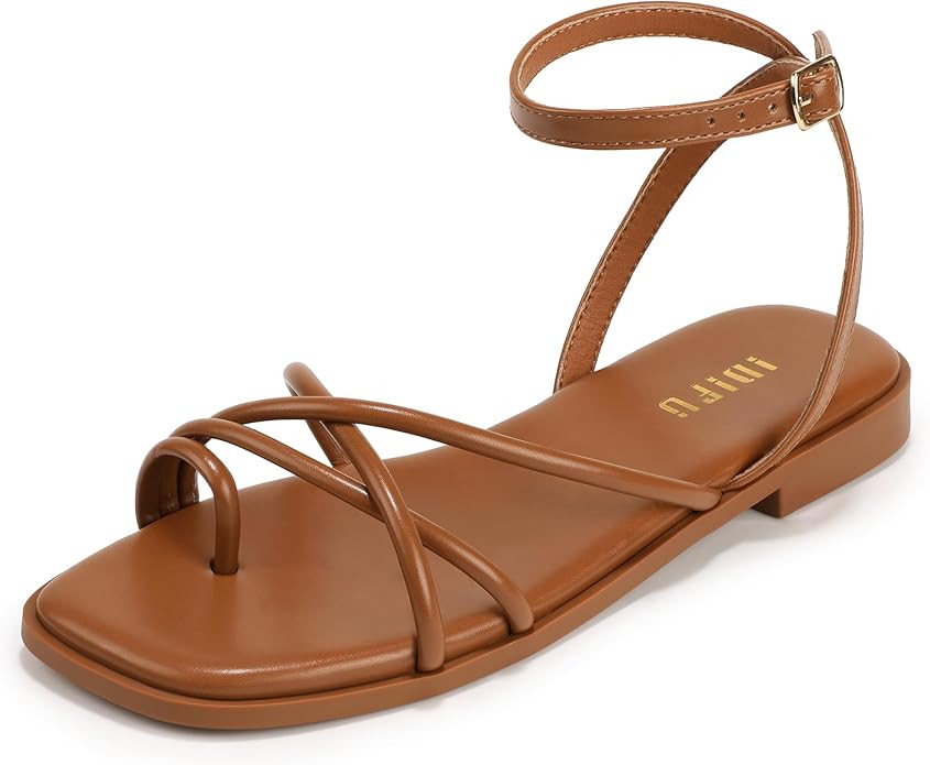 IDIFU Strappy Flat Sandals for Women Square Open Toe Ankle Strap Dressy Summer Beach Wedding Part... | Amazon (US)
