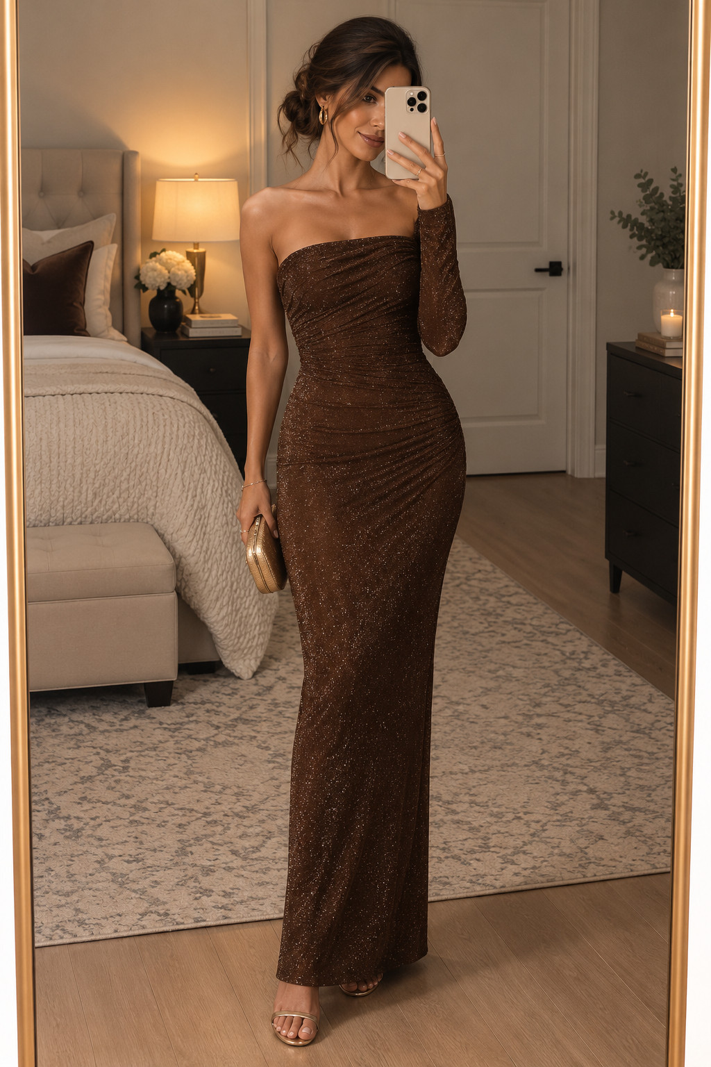 This chocolate sparkle gown feels so elevated for fall. I love the asymmetrical one-sleeve neckline because it gives the dress a little drama while still looking super sophisticated. Perfect for a formal hotel wedding, evening ceremony, or black tie reception.
#FallWeddingGuestDresses #ChocolateBrownDress #BlackTieWeddingGuestDresses #FormalWeddingGuestDresses #SparkleDress #OneShoulderDress #WeddingGuestGown 

 #LTKSeasonal #LTKSaleAlert #LTKWedding