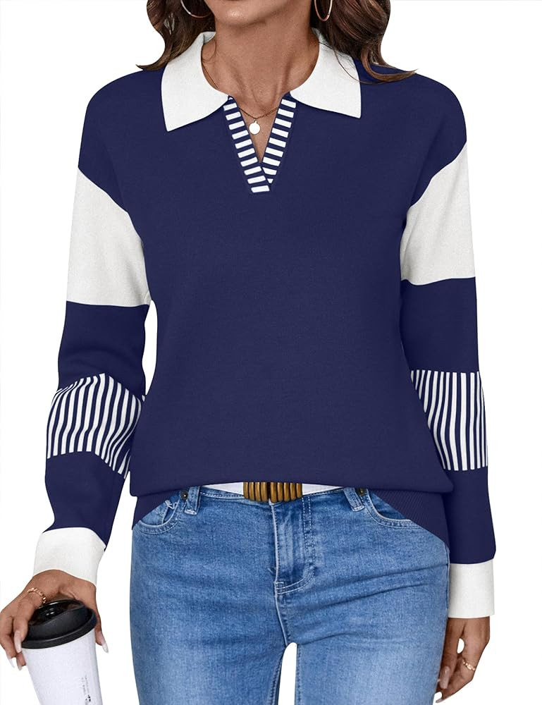 LOMON V Neck Long Sleeve Loose Sweaters Color Block Striped Knitted Pullover Jumper Tops | Amazon (US)