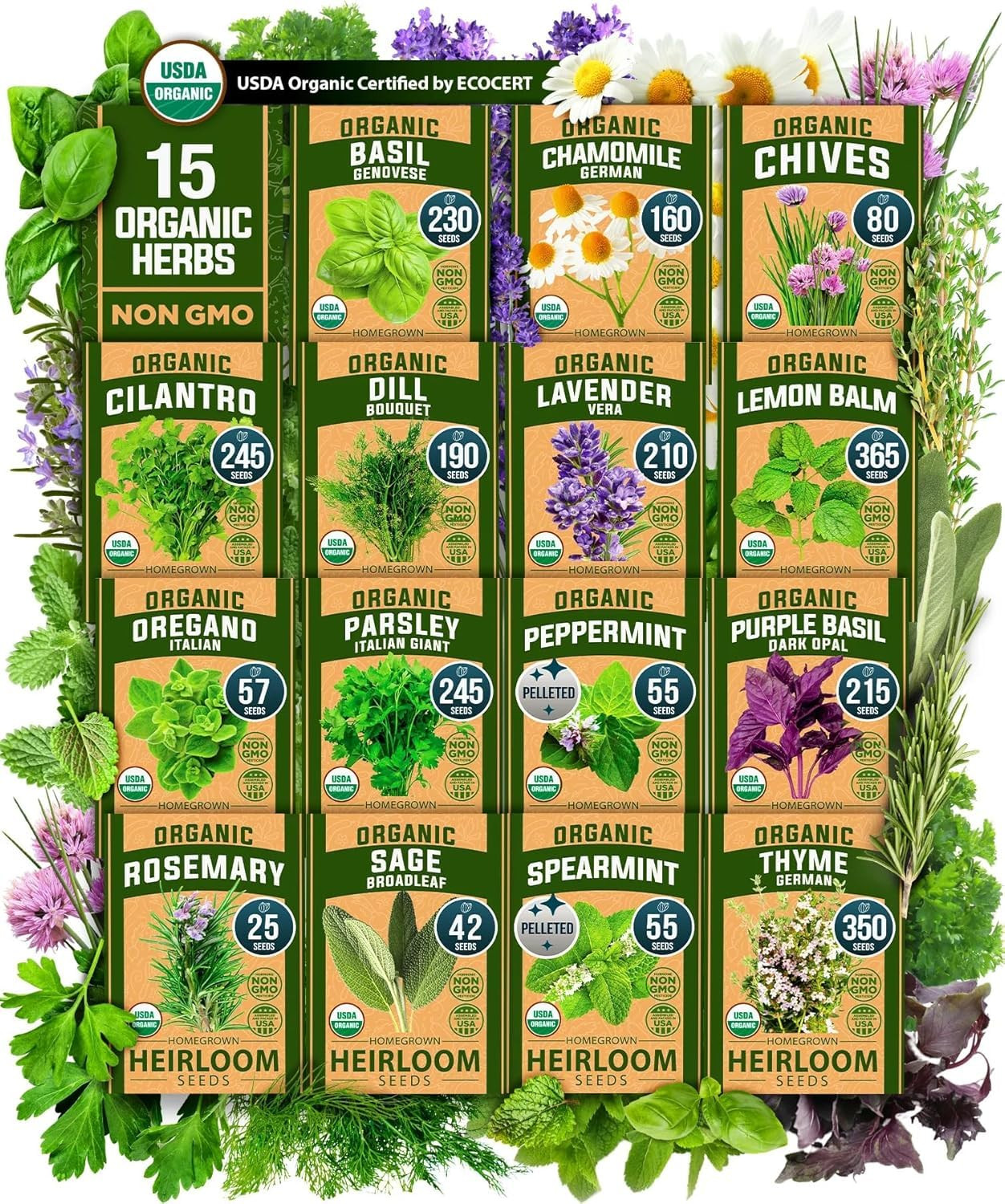 HOME GROWN Organic Herb Seeds Variety Pack - Non GMO, Heirloom 2,500+ High-Germinating Heirloom S... | Amazon (US)