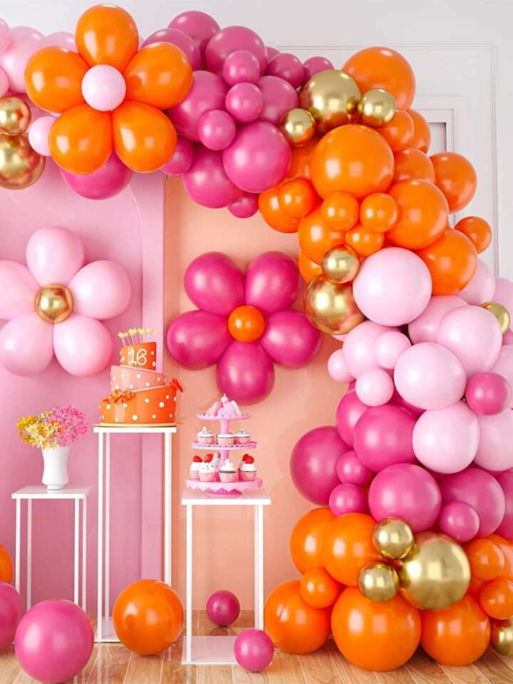 120pcs Pink Orange Balloon Garland, Daisy Balloon Arch with Metallic Gold Color Party Flower Ball... | SHEIN