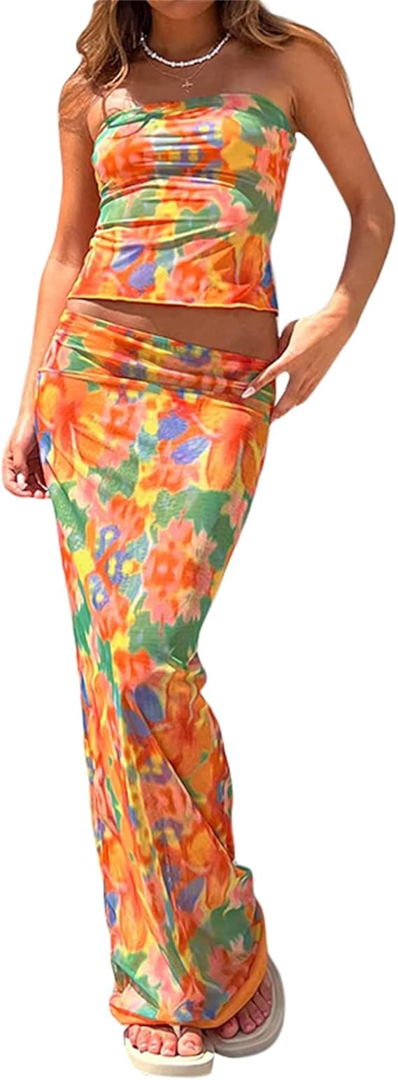 Women 2 Piece Long Skirt Set Floral Strapless Tube Top and Bodycon Maxi Skirts Summer Vintage Str... | Amazon (US)