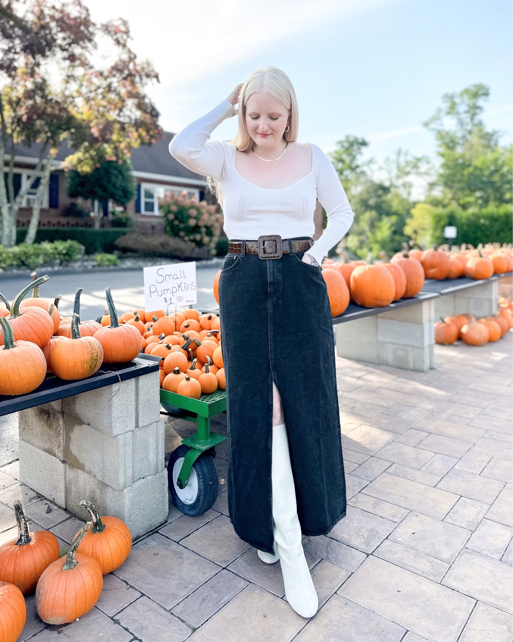 This is one of my favorite outfits I've styled this fall and that tracks since I have been loving the denim maxi skirt trend. Denim skirts are so easy to wear and can create so many different looks depending on how you style them. I think they're a must have for every wardrobe right now and I've put together a list of this one along with a few others in varying price points. 

#LTKstyletip #LTKSeasonal