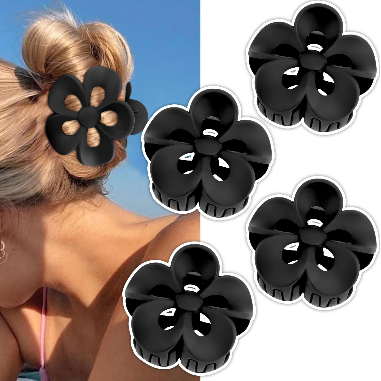 Black Flower Hair Clips Claw Clips for Long Thick Hair 3.15'' Large Hair Clips 4Pcs Big Hair Claw... | Amazon (US)