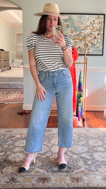 Stripes and rancher hats. Wide leg cropped jeans. Puff sleeve. Great tshirt to dress up or keep it casual. Chanel look a like color block slingback heels  

#LTKMidsize #LTKOver40 #LTKStyleTip