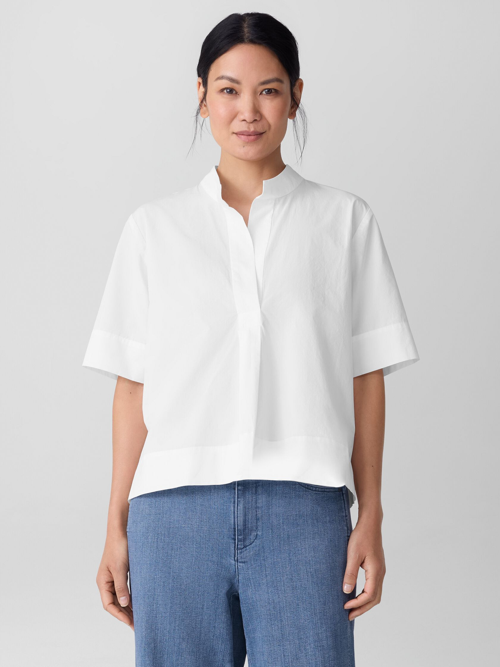 Washed Organic Cotton Poplin Split Neck Top | Eileen Fisher