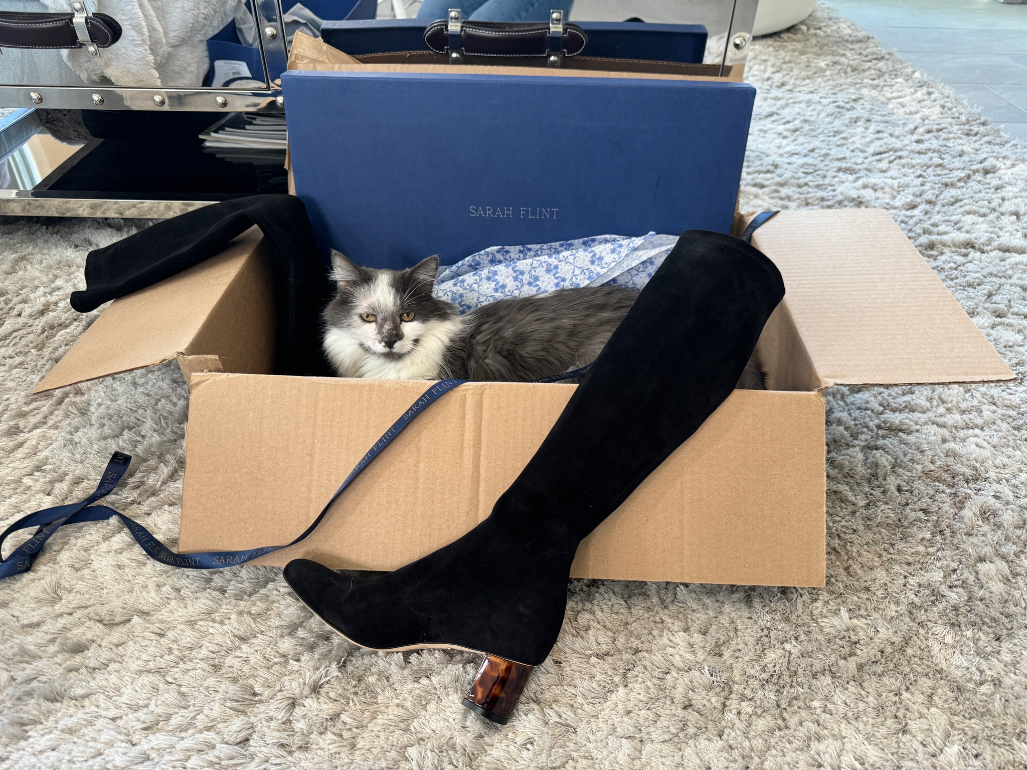 Sarah Flint Alexandra 50 boots are super stretch black suede knee high boots with a 50mm tortoishell block heel. They’re the epitome of quiet luxury and comfort (I sized down half a size). They come in more colors if you already have black knee high boots. These are the first block heel knee high boots I’ve owned and so much more stable than stiletto heels. Definitely use suede protector spray before wearing them out!