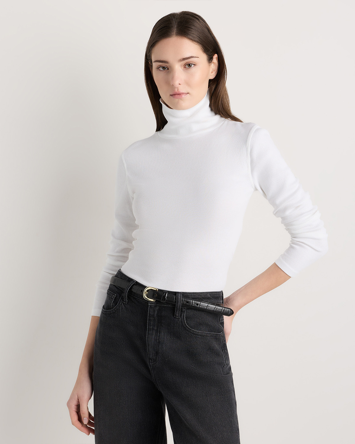 Quince | Women's Micro-Rib Turtleneck Sweater in Soft White, Size Small, Organic Cotton | Quince