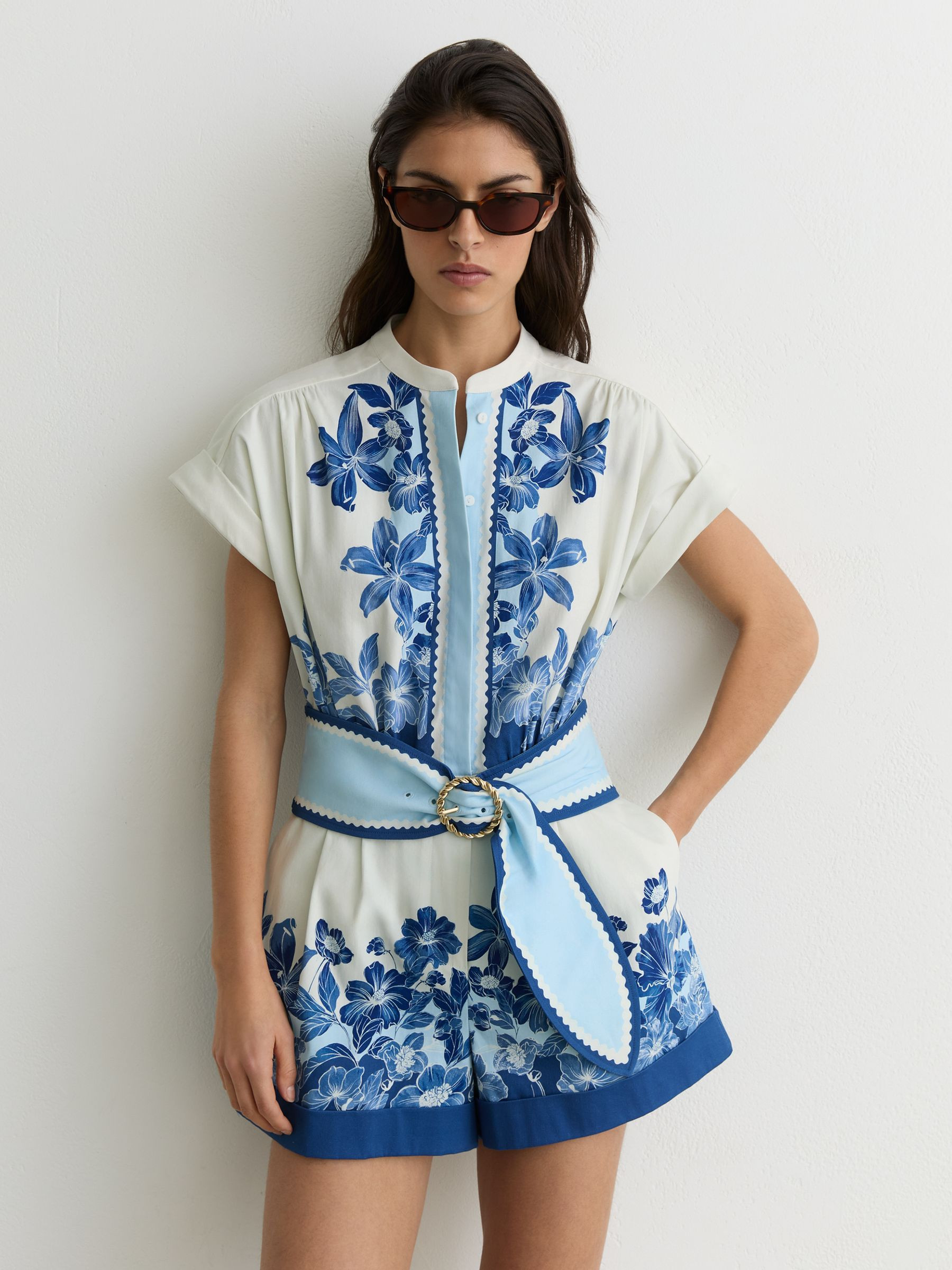 Reiss Cotton Floral-Print Belted Playsuit with Stretch in Navy/Ivory - REISS | Reiss UK