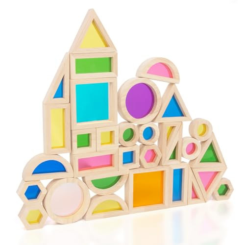 WOODENFUN Wood Building Blocks Set for Kids, 32 Pcs Rainbow Stacker Stacking Game Construction Toys Set Preschool Colorful Learning Educational Toys, Geometry Wooden Blocks for Boys Girls | Amazon (US)