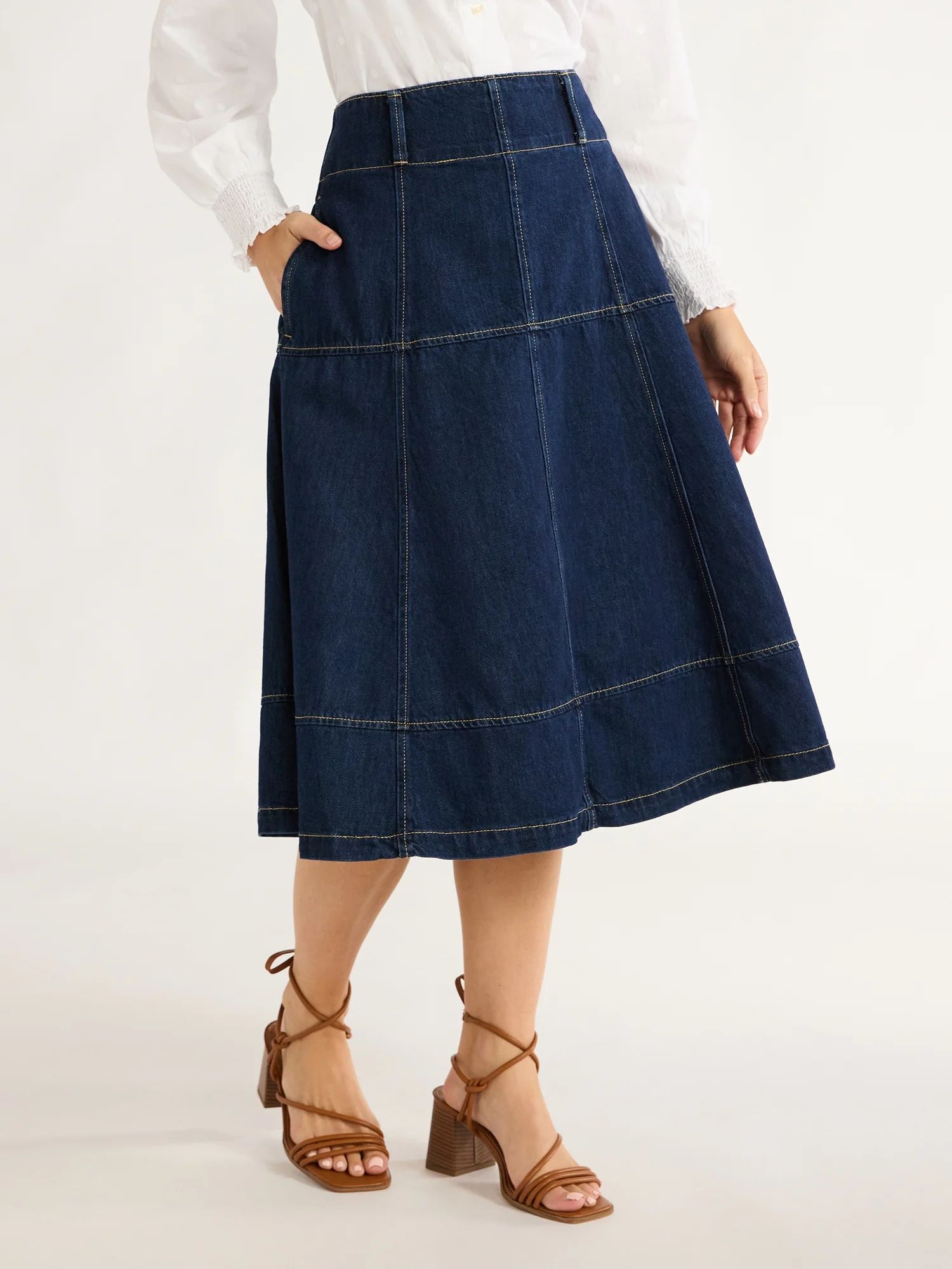 Free Assembly Women’s Flared Cotton Midi Skirt, Sizes 0-20 | Walmart (US)