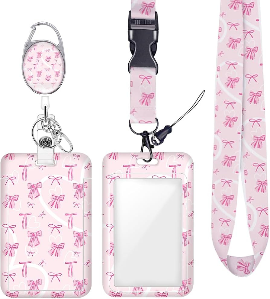 Pink Bow ID Badge Holder Badge Reel Lanyards for ID Badges Work Vertical Protector Retractable Ca... | Amazon (US)