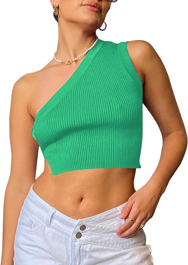 SAFRISIOR Women One Shoulder Backless Knitted Crop Top Sexy Sleeveless Strappy Open Back Cami Tan... | Amazon (US)
