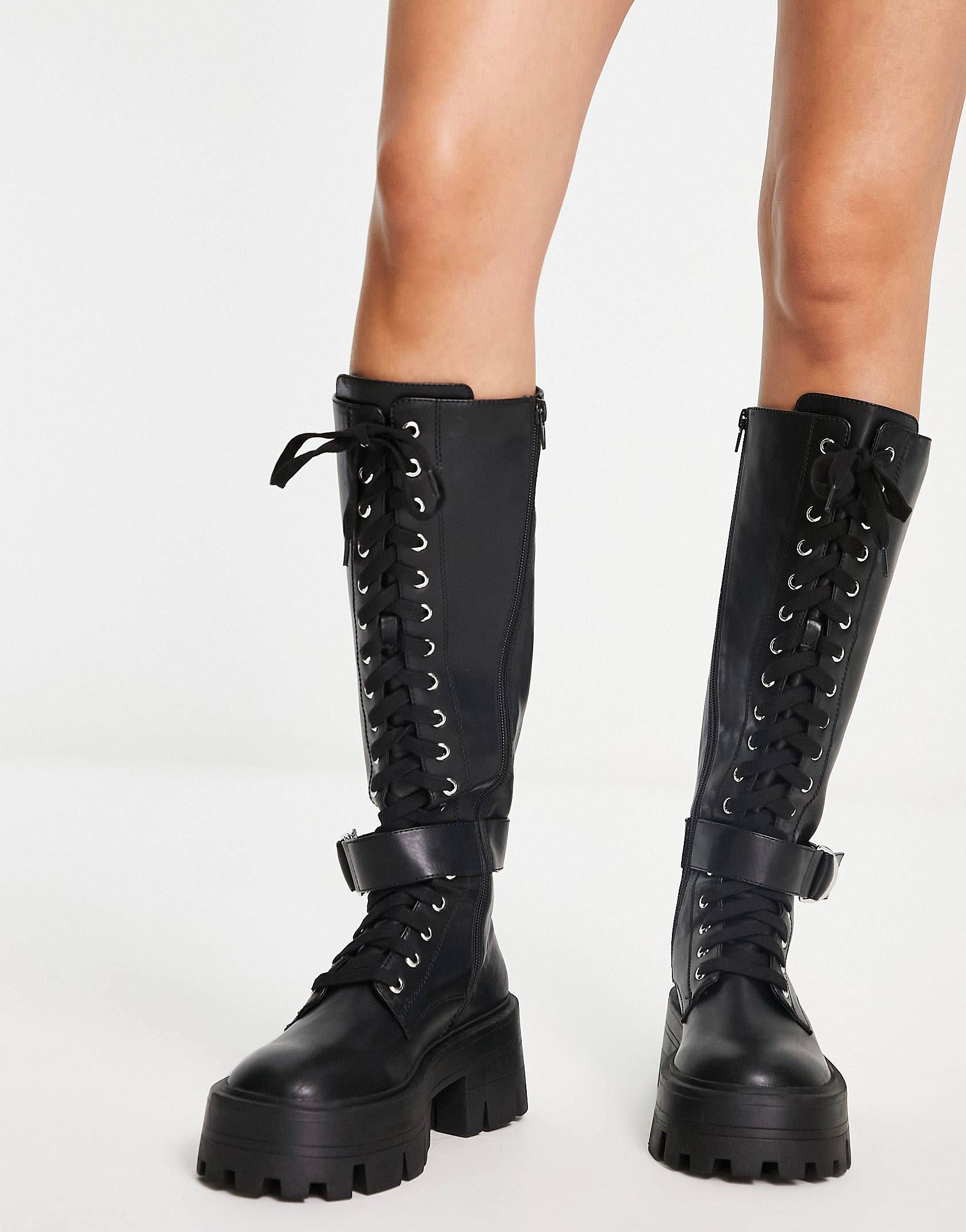 ASOS DESIGN Chiswick chunky lace up knee boots in black | ASOS (Global)