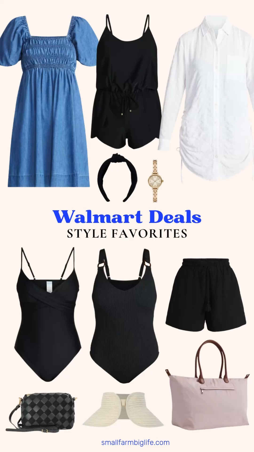 Walmart Deals Days is still going and there are so many great summer style picks on sale right now. I rounded up my favorites including three swimsuit styles in black, a blue puff sleeve peasant mini dress that is such a cute summer going out look, and two coverup options including a woven short style and a convertible button down that both work perfectly over a swimsuit or as a standalone outfit. The khaki weekender tote is a great travel bag and the black woven camera crossbody is such a chic everyday option. Finish the look with the packable straw visor, the knot headband, and the gold tone bracelet watch for a pulled together summer style from head to toe. Tap to shop while the sale is on! 

 #LTKootd #LTKOver40 #LTKSaleAlert