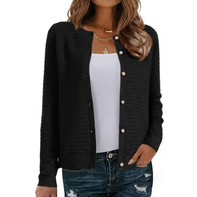 INSPIRE CHIC Women's Crew Neck Long Sleeve Button Down Casual Sweater Knitted Cardigan Small Black | Target