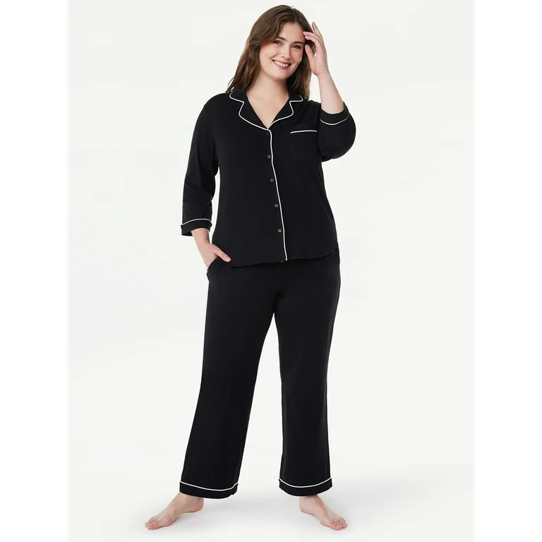 Joyspun Women’s Cotton Blend Notch Collar Top and Pants Pajama Set, 2-Piece, Sizes S-4X | Walmart (US)