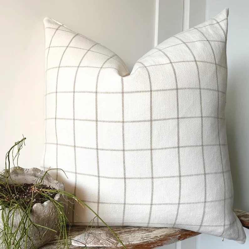 Linen Windowpane Check Pillow Cover: Neutral Beige Decor Camel and Ivory | Etsy (Global)