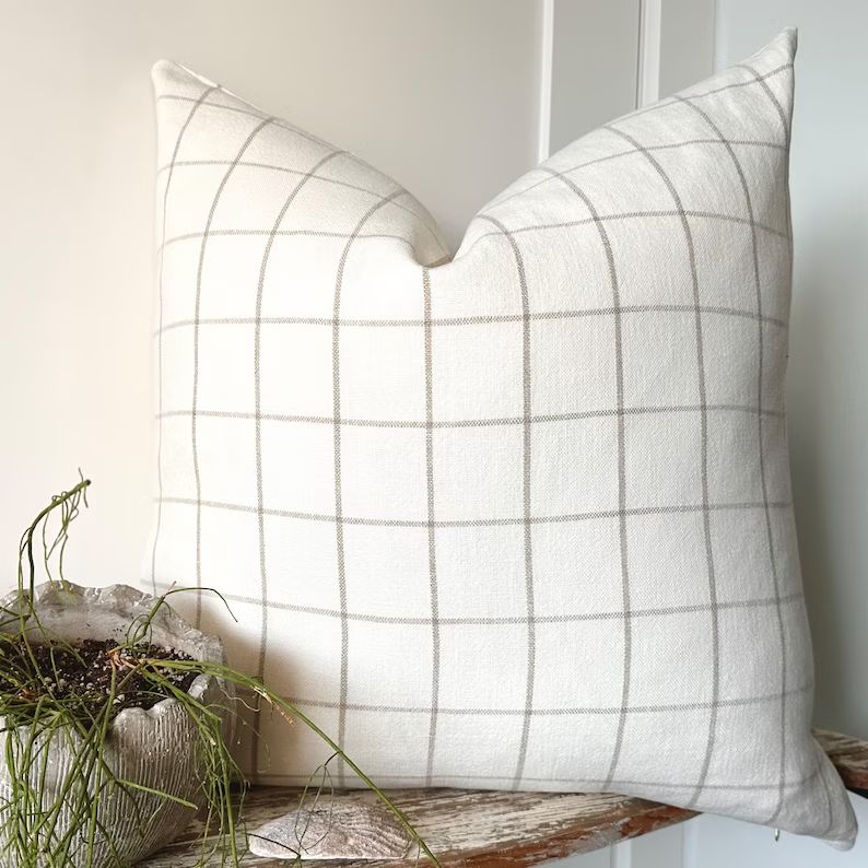 100% Linen Checked Neutral Decor Pillow Cover Cream & Natural Beige Linen Designer Pillow Grey Iv... | Etsy (US)