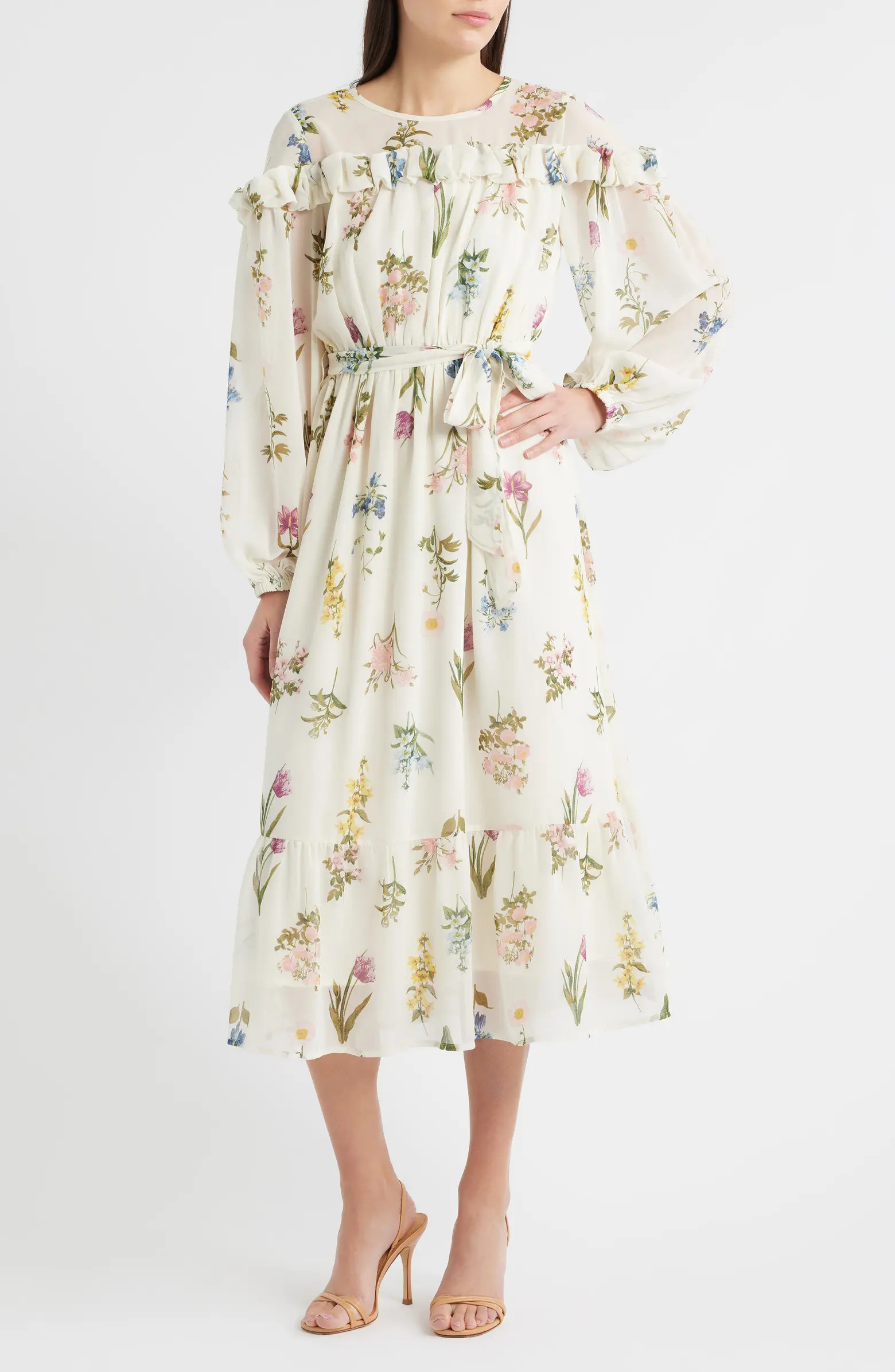 ZOE AND CLAIRE Printed Ruffle Long Sleeve Tie Belt Chiffon Midi Dress | Nordstrom | Nordstrom