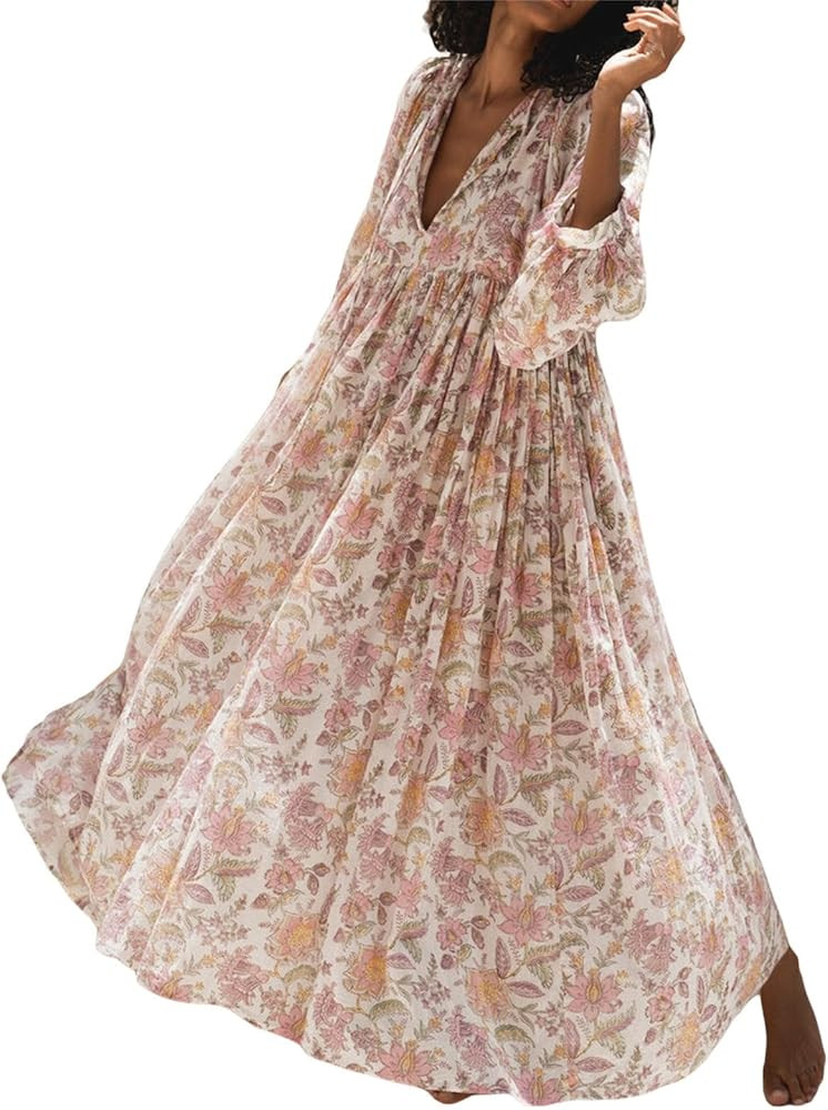 Alyweatry Women 2023 Summer Boho Midi Dress V Neck Puff Sleeve Floral Loose Flowy Swing Sundress ... | Amazon (US)
