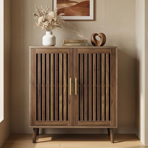 Smart FENDEE Sideboard Cabinet, 31.5" W Farmhouse Buffet Cabinet with Slatted Doors & Adjustable Shelf, Wood Coffee Bar Storage Station for Kitchen, Dining Room, Living Room, Entryway, Walnut Color | Amazon (US)