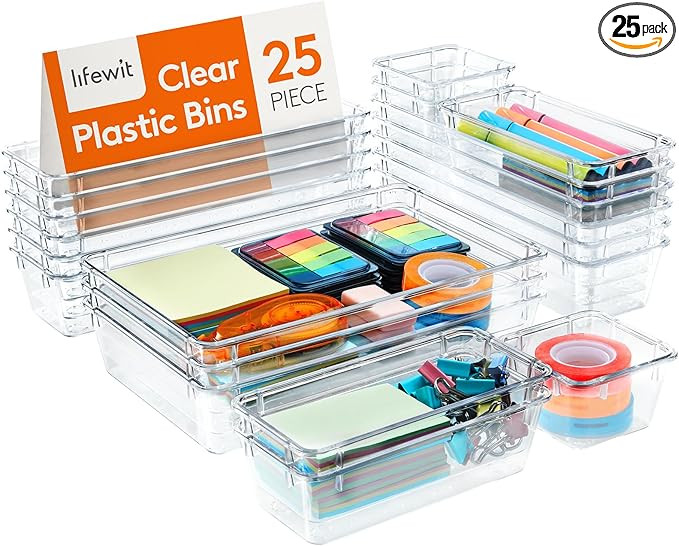 Lifewit 25 PCS Drawer Organizer Set Clear Plastic Desk Drawer Dividers Trays Dresser Storage Bins... | Amazon (US)