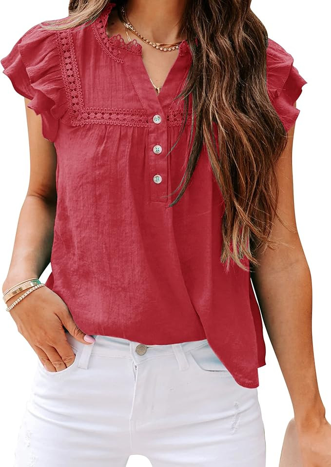 PRETTODAY Women's V Neck Lace Crochet Shirts Button Down Short Sleeve Casual Blouse Tops | Amazon (US)