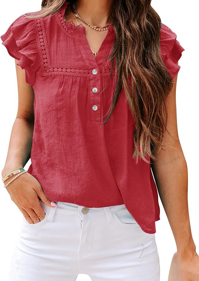 PRETTODAY Women's V Neck Lace Crochet Shirts Button Down Short Sleeve Casual Blouse Tops | Amazon (US)