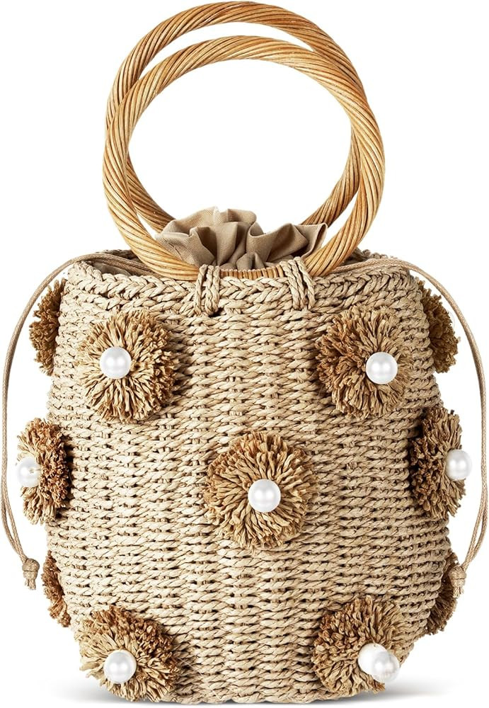 Frienda Summer Straw Bags for Women - Beach Drawstring Straw Bucket Tote Pearl Flower Diamond Rat... | Amazon (US)