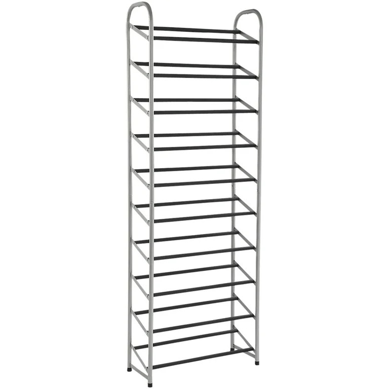Mainstays 10-Tier Narrow Shoe Rack, Powder Coated, Black+Silver - Walmart.com | Walmart (US)