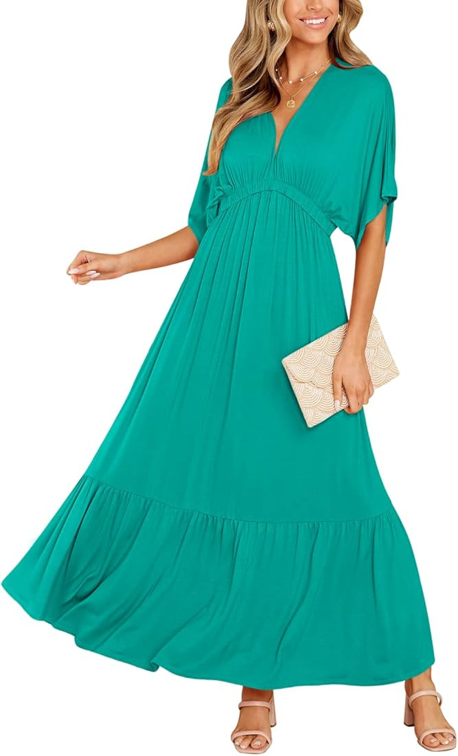 Women’s Summer V Neck Batwing Short Sleeve Maxi Dress Casual Loose High Waist Flowy Long Beach ... | Amazon (US)