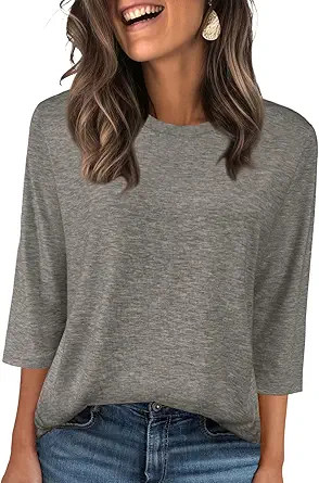 Women's Summer Tops 3/4 Sleeve Round Neck Tshirts Cute Tunic Loose Fit Pullover Blouses & Basic T... | Amazon (US)