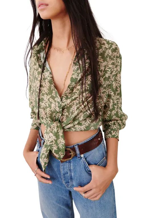 ba & sh Tarmac Leaf Print Knot Front Shirt in Green at Nordstrom, Size Large | Nordstrom