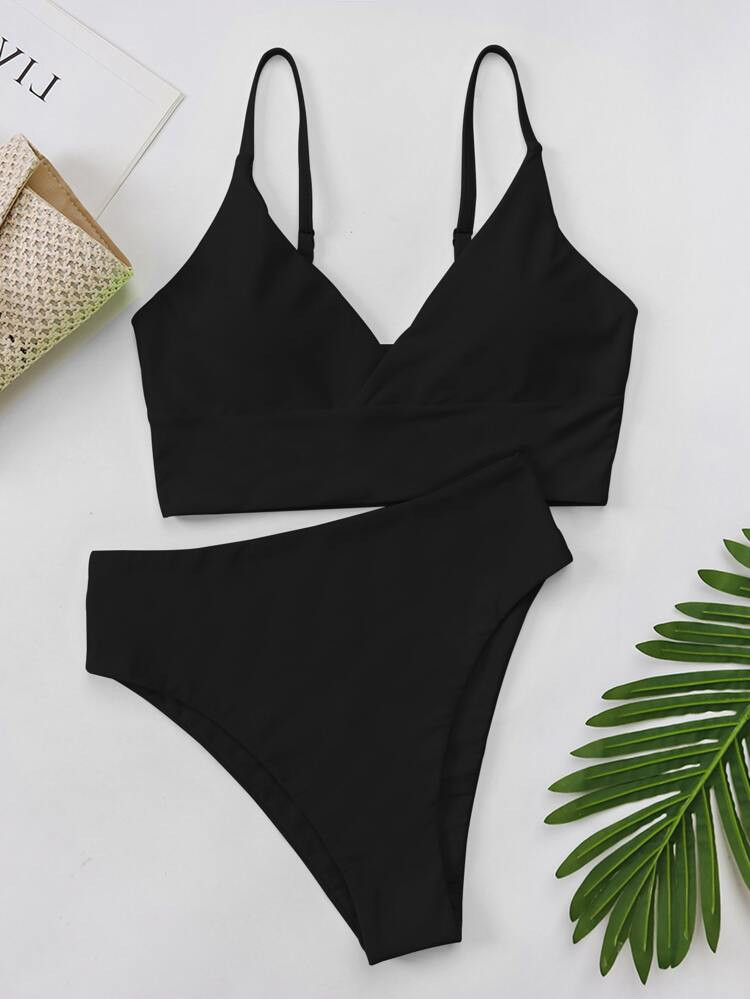 Solid V Neck Bikini Swimsuit | SHEIN