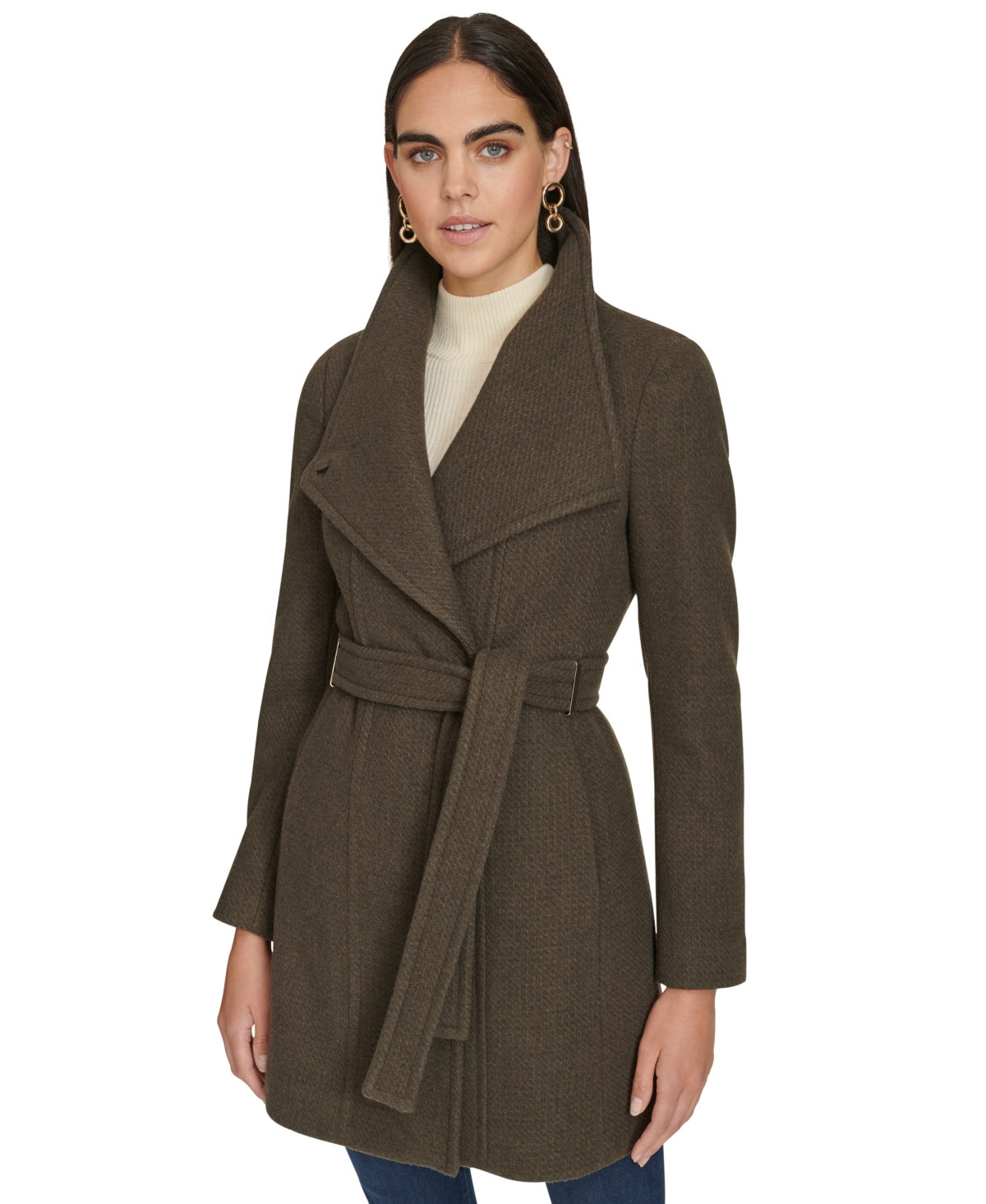 Calvin Klein Womens Asymmetrical Belted Wrap Coat, Created for Macys - Twig | Macy's