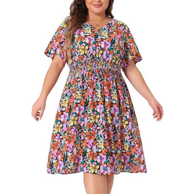 Agnes Orinda Women's Plus Size V Neck Floral Smocked Beach Summer Midi Empire Waist Dresses Orange Yellow 4X | Target