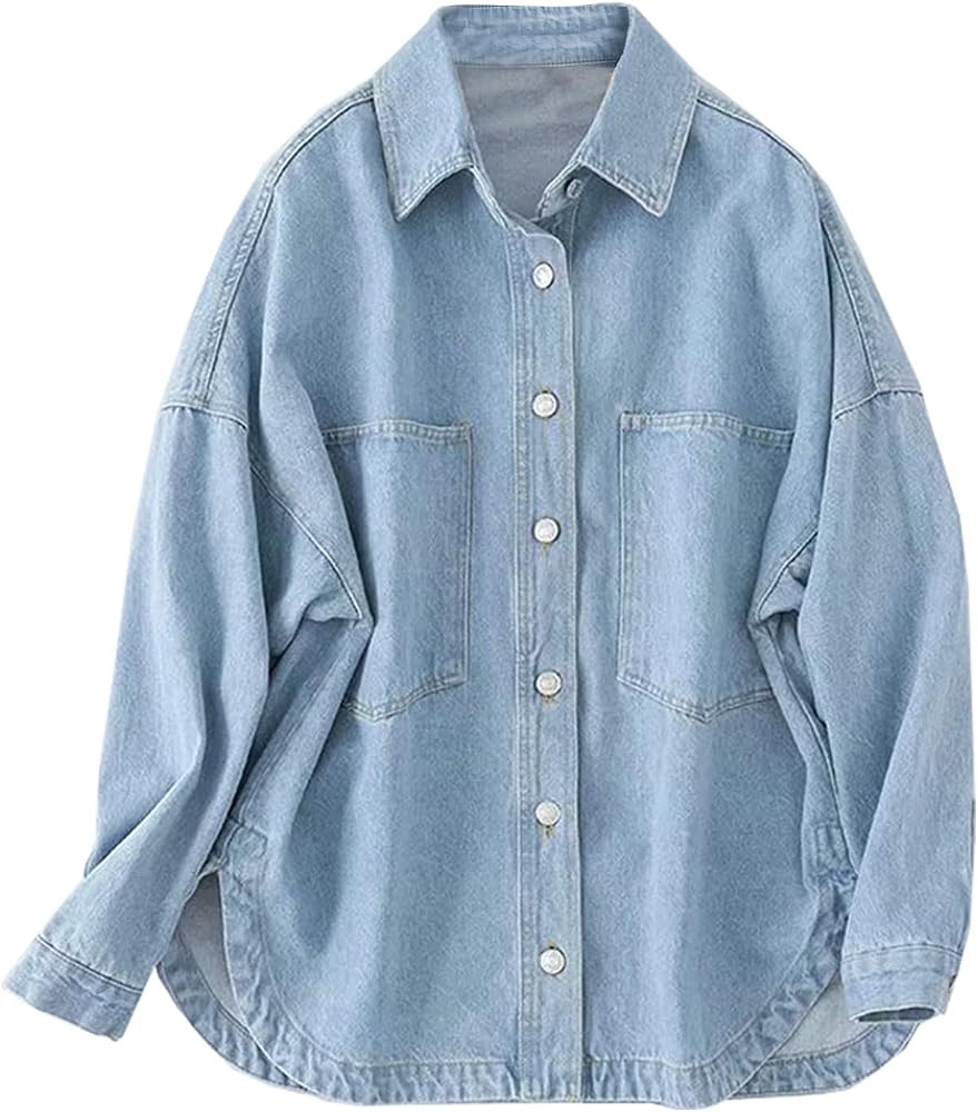Women Denim Shirt Jean Jacket Oversize Button Down Shirt Long Sleeve Jean Tops Trendy Shackets | Amazon (US)
