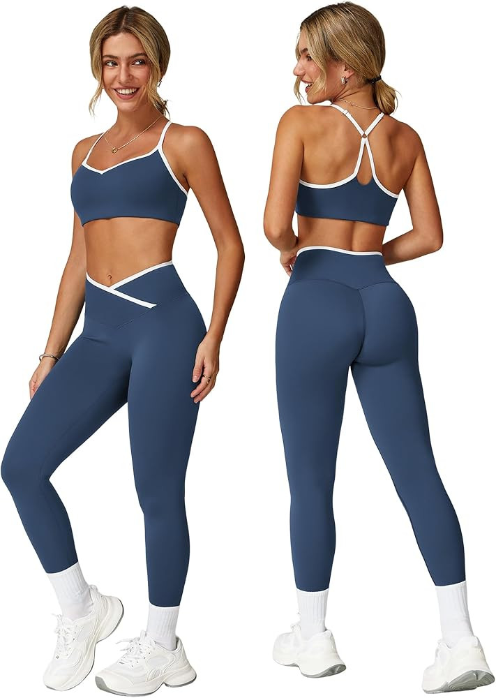 ABOCIW Workout Sets for Women 2 Piece Color Block Strappy Sports Bra High Waist Leggings Gym Yoga... | Amazon (US)